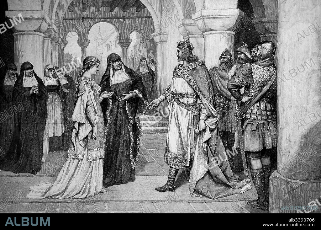 Henry the Fowler, Heinrich der Finkler or Heinrich der Vogler, 876 - July 2, 936, was the duke of Saxony from 912 and the elected king of East Francia. Here his Courtship for Mathildis, historical illustration.
