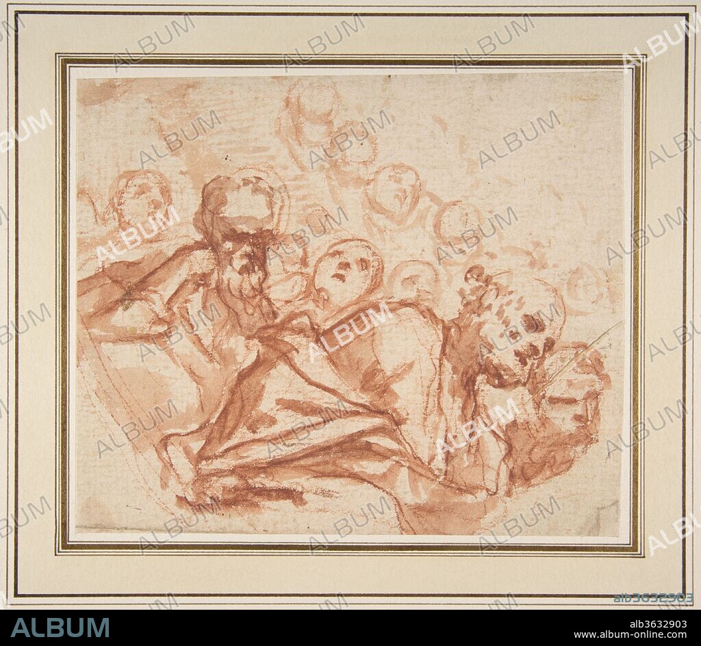 A Group of Saints and Angels (recto); Studies of a Male Figure in a Pendentive (verso). Artist: Mattia Preti (Il Cavalier Calabrese) (Italian, Taverna 1613-1699 Valletta). Dimensions: 5 15/16 × 7 1/8 in. (15.1 × 18.1 cm). Date: 1613-99.