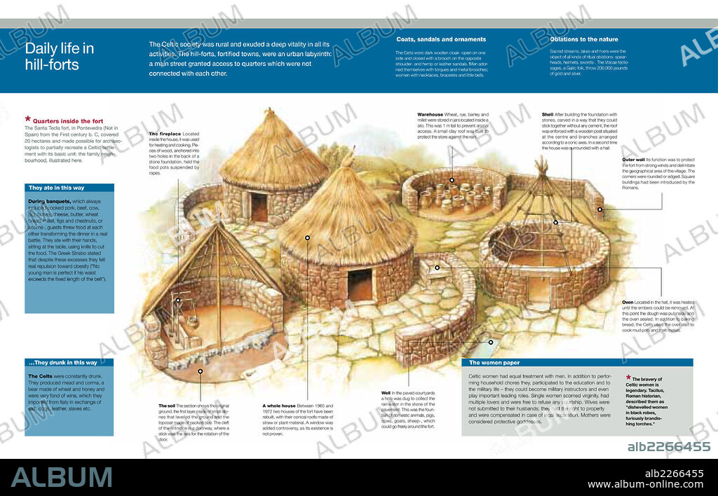 La vida cotidiana en los castros. Infografía de las costumbres y disposición de los castros (poblados celtas) propios de los pueblos celtas que se desarrollaron en la edad de los metales en Europa occidental.