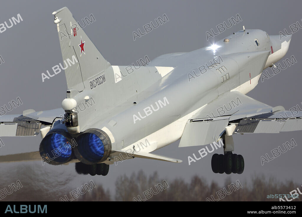 Tupolev Tu-22M3 strategic bomber of the Russian Air Force taking off with afterburner, Shaykovka, Russia.