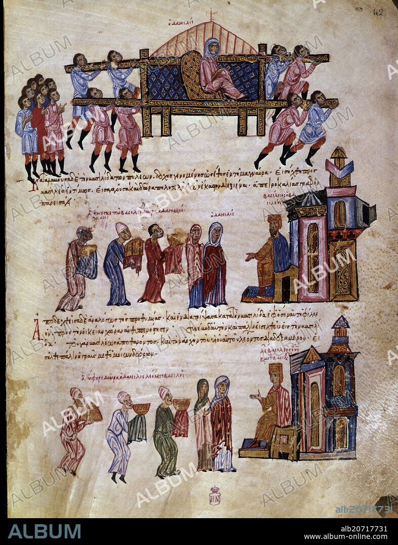 JOHN SKYLITZES. Madrid Skylitzes: Danielis being carried on a litter by slaves. Folio 102. Madrid, Biblioteca Nacional de España.
