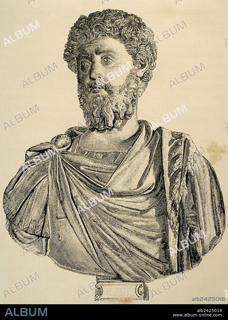 MARCO AURELIO (Marcus Aurelius Antoninus) (Roma, 121 d. C. -Viena,180 d. C.). Filósofo estoico y emperador romano (161-180), perteneciente a la dinastía Antonina. Grabado de "Historia Universal", 1881.