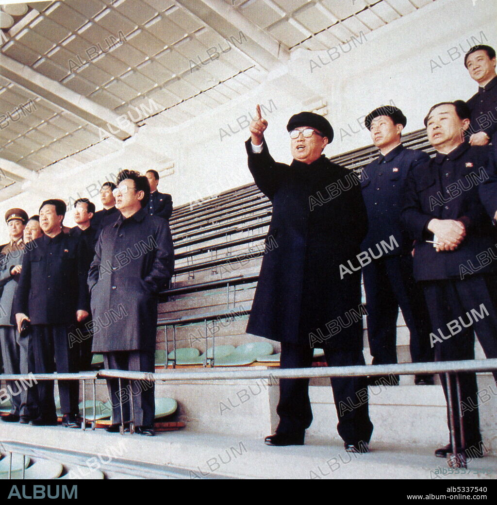North Korean Leader, President Kim Il Sung and his son Kim Jong Il, inspect the newly reconstructed and expanded Moralibov Stadium.