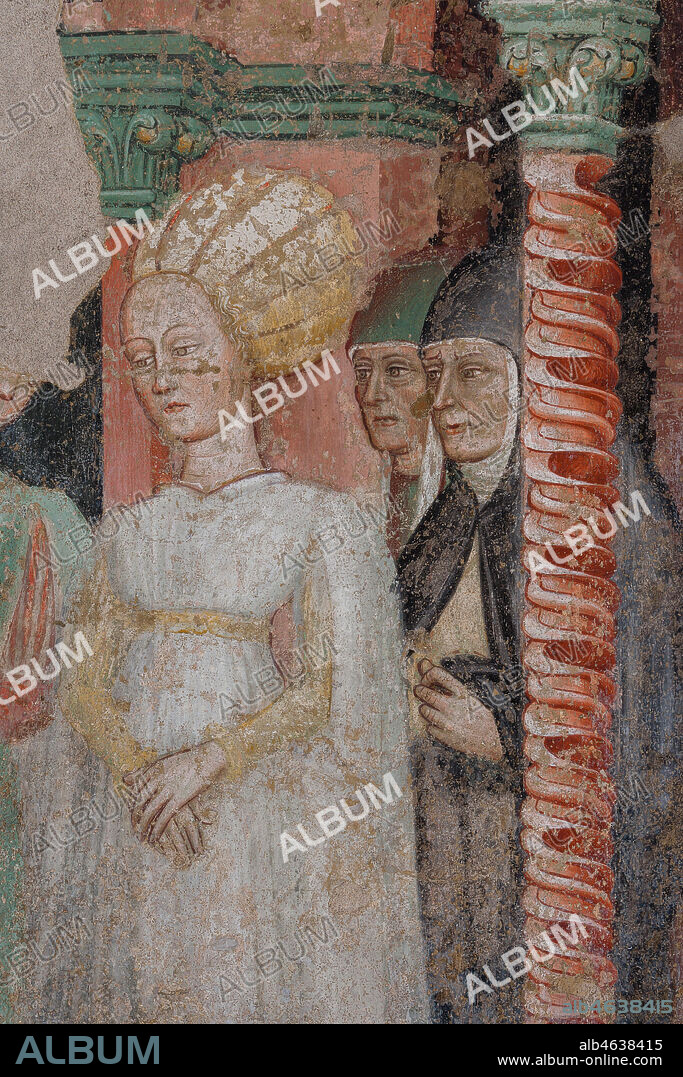 Ferrara, Pinacoteca Nazionale: fresco detached from the Church of San Domenico on the subject of the Stories of St. John the evangelist, by Maestro G.Z. (Michele dai Carri?), 15th century. Detail with gentlewoman.
