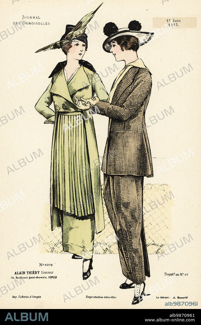 Fashionable women in suits and hats, WWI. One in a redingote over skirt and pleated apron, plumed hat. The other in tweed suit with ankle-length skirt, gaiters, hat with pompoms. Handcoloured lithograph by Fattorini & Crespin from Alain Thierys fashion magazine Journal des Demoiselles, 79 Boulevard Saint-Germain, Paris, France, June 15, 1915.