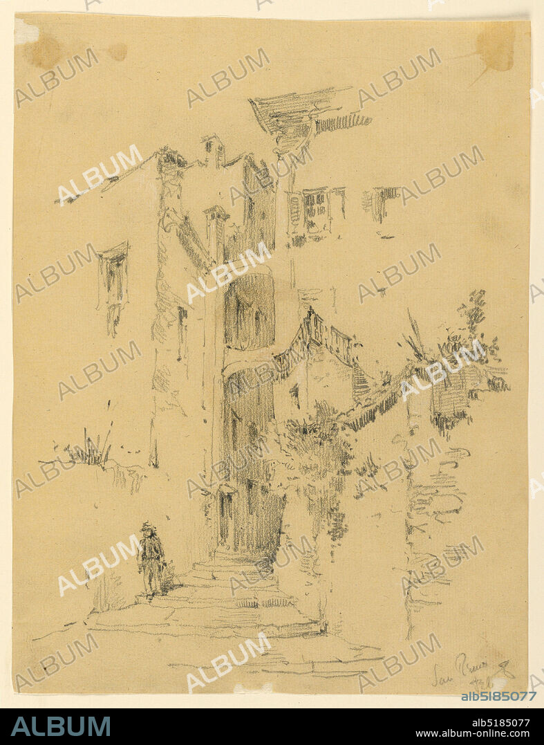 Street in San Remo, Arnold William Brunner, American, 18571925, Graphite and white heightening on cream paper, Narrow street of low steps, figure descending. High walls with vegetation., USA, ca. 1892, architecture, Drawing, Drawing.
