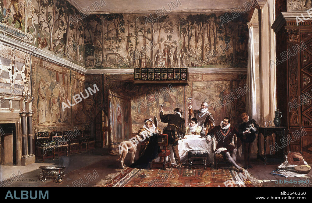 Interior of Haddon Hall by John Laslett Pott (1837-1901) British history painter, showing Haddon Hall near Bakewell, Derbyshire in Elizabethan times . Begun in medieval times, since 1567 when Dorothy, wife of John Manners, inherited her father Sir George Vernon's estate, it has been home of the Manners family, Dukes of Rutland. Oil on canvas.