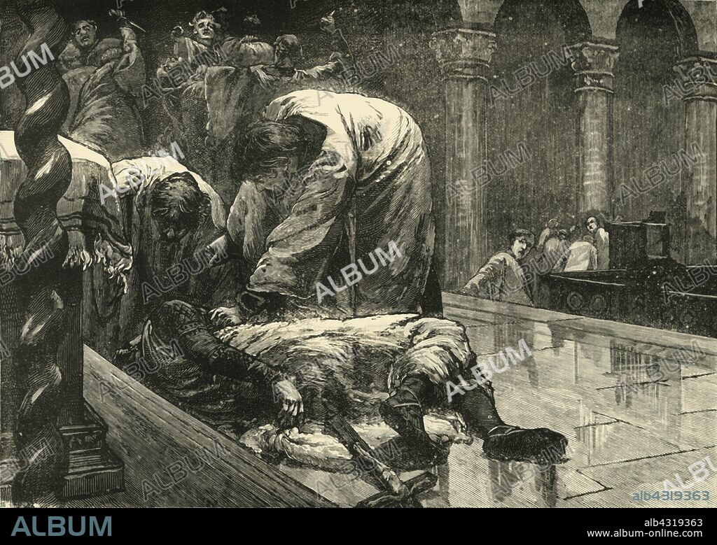 'Assassination of the Emperor Leo V', (820 AD)1890. Leo V the Armenian (775-820) Emperor of the Byzantine Empire from 813 to 820, was assassinated by supporters of Michael the Amorian disguised as monks in the palace chapel on Christmas Eve, 820.  From "Cassell's Illustrated Universal History, Vol. III - The Middle Ages", by Edmund Ollier. [Cassell and Company, Limited, London, Paris and Melbourne, 1890. ].