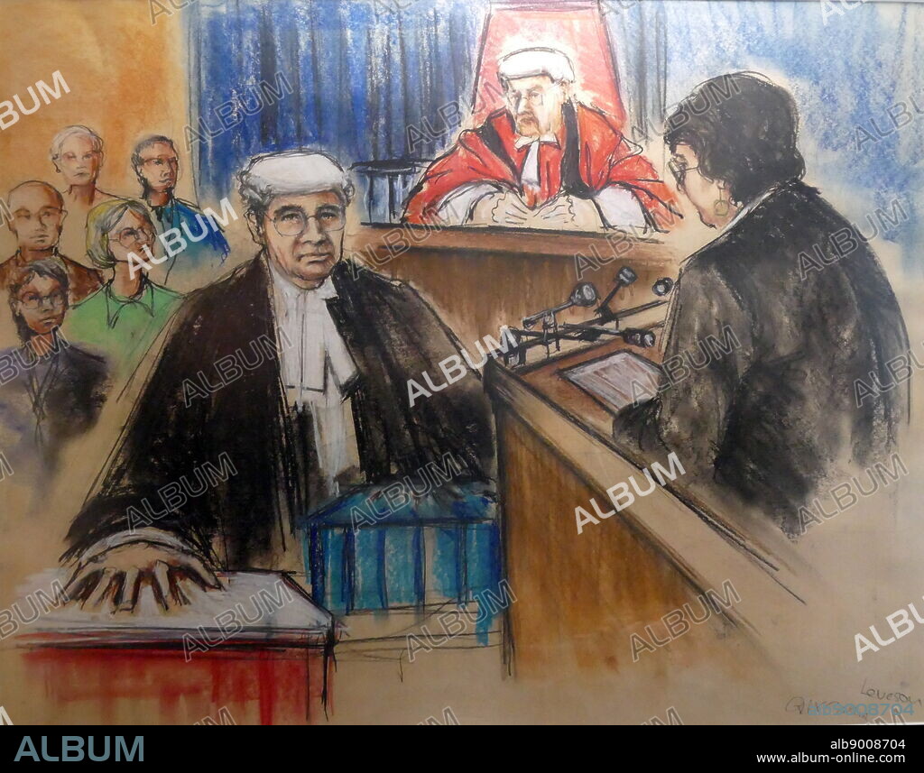Courtroom pastel sketch depicting Brian Leveson cross-examining Rosemary West. Rosemary Pauline "Rose" West (1953-) a British serial killer who, along with her husband Fred West (1941-1995), committed at least 12 murders between 1967 and 1987.