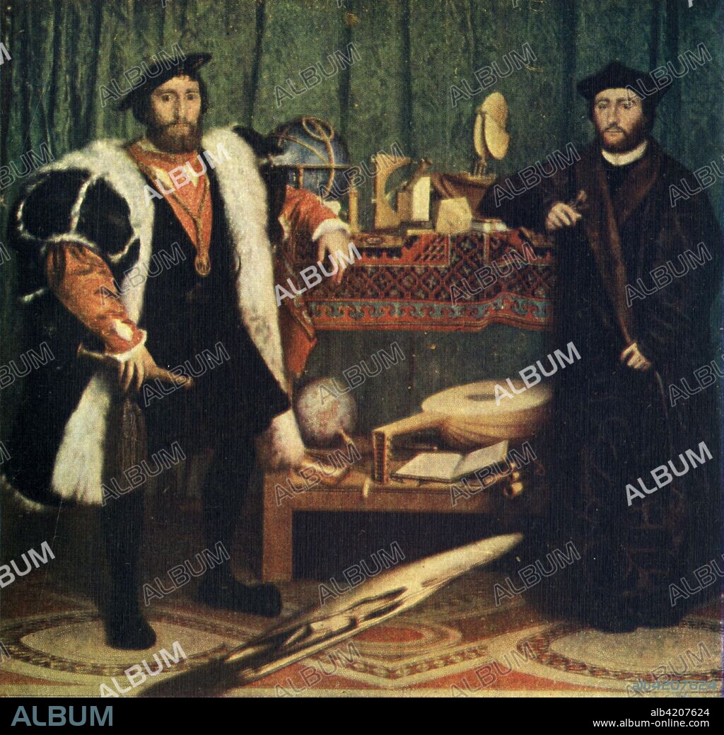 'The Ambassadors', 1533, (1909). Portrait of Jean de Dinteville (left), French Ambassador to England in 1533, and Georges de Selve, Bishop of Lavaur, who visited him in London. The painting is famous for its mysterious skull painted in anamorphic perspective in the foreground of the picture. This only appears to the viewer as an anatomically perfect skull if the painting is approached from a certain angle. Painting in the National Gallery, London. From Holbein - Masterpieces in Colour, by S. L. Bensusan. [T. C. & E. C. Jack, Frederick A. Stokes Co., London & New York, 1909].