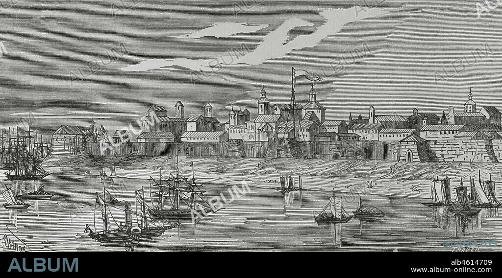 Filipinas. Isla de Luzón. Manila. Vista general de la ciudad. Ilustración por Miranda. Grabado por Traver. Crónica General de España, Historia Ilustrada y Descriptiva de sus Provincias. Filipinas, 1871.