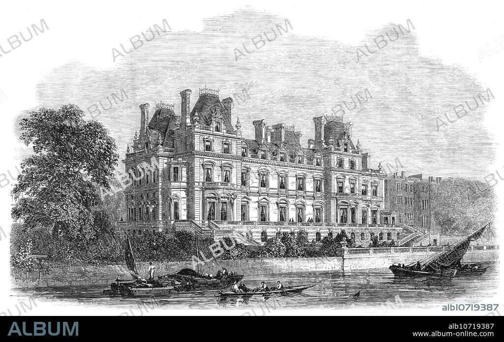 Montagu-House, Whitehall, [London], the residence of the Duke of Buccleuch, 1864. 'We give a View of the river front of this noble mansion, the exterior of which is now almost complete, having taken about five years in building. The architect is Mr. W. Burn, of No. 6, Stratton-street, Piccadilly; the contractors, Messrs. Holland and Hannen. The edifice is in the Franco-Italian style, with those tall, steep roofs which may often be seen in the old chateaux of some provinces of France, and which have been imitated in the Louvre and elsewhere in modern times. The building is entirely faced with Portland stone. Its extreme length is 176 ft., including the out-buildings; but the main portion of the house is 144 ft. in length by 88 ft. in width; and the extreme height is about 90 ft. to the summit of the elevated roofs above each wing. The whole structure has a stately and imposing aspect, befitting the residence of a peer of the highest rank'. From "Illustrated London News", 1864.