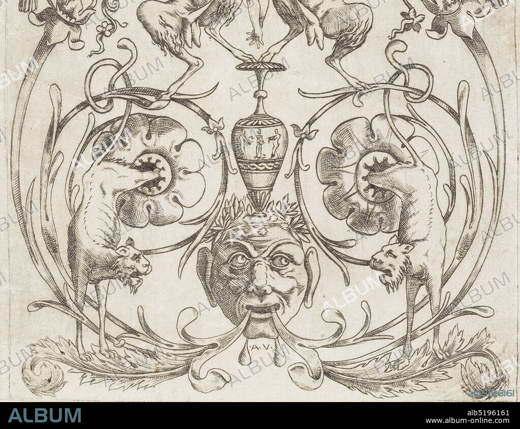 Grotesque Ornament with Satyrs, from a set of twenty ornament panels, Agostino Veneziano, Italian, ca. 1490 - after 1536, Antonio Salamanca, Italian, ca. 1500 - 1562, Engraving on laid paper, Vertical rectangle showing a symmetrical grotesque composition of arabesques, satyrs, lions and birds. At bottom, a mask. At top, a circular architectural structure., Italy, ca. 15301535, ornament, Print, Print.