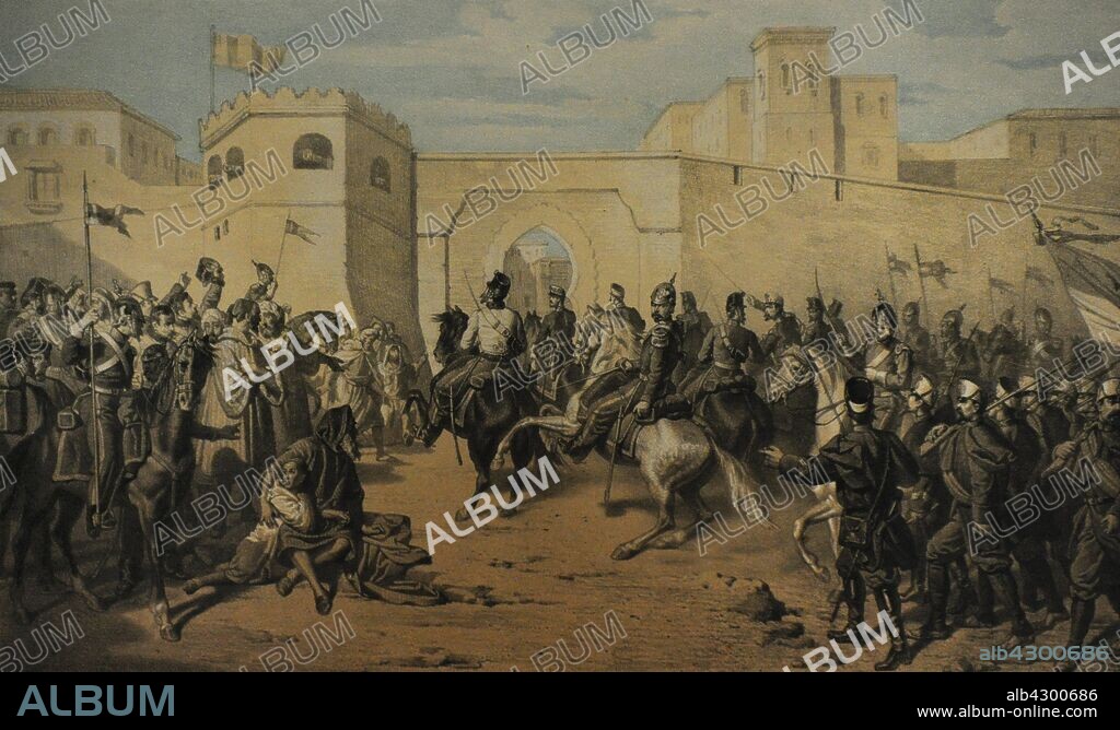 War of Africa (1859-1860). Conflict between Spain and Morocco. Entrance of the Spanish troops in Tetouan, February 6, 1860. Take of the city of Tetouan by the Spanish artillery and infantry. Three-color lithography by Bernardo Blanco y Perez (1828-1876). Stamp number 13 of Episodes of the War of Africa. Museum of Romanticism. Madrid. Spain.