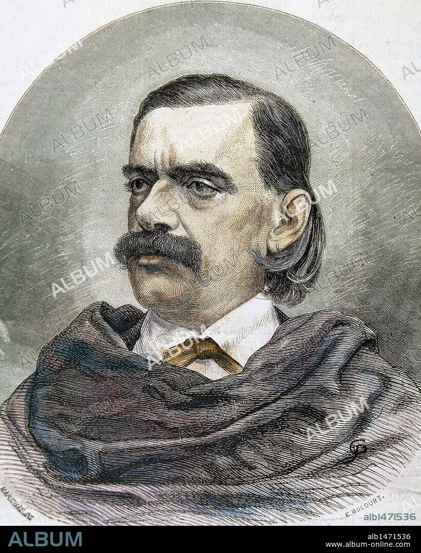 FERNANDEZ Y GONZALEZ, Manuel (Sevilla, 1821-Madrid, 1888). Novelista español. Entre sus obras destacan "Martín Gil" (1850-1851), "El cocinero de Su Majestad" (1857) y "Diego Corrientes" (1866). Grabado coloreado de "La Ilustración Española y Americana". Siglo XIX.