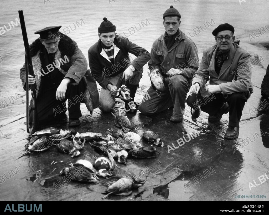 ARKIV SANDHAMN 19541202. Från vänster tullöversyningsman S.A. Lindström, Erik Qvist, Göran Lindström och Åke Qvist med skjutna fåglar.. Foto: Folke Hellberg / DN / SCANPIX / Kod: 23 ***SVD OUT ***.