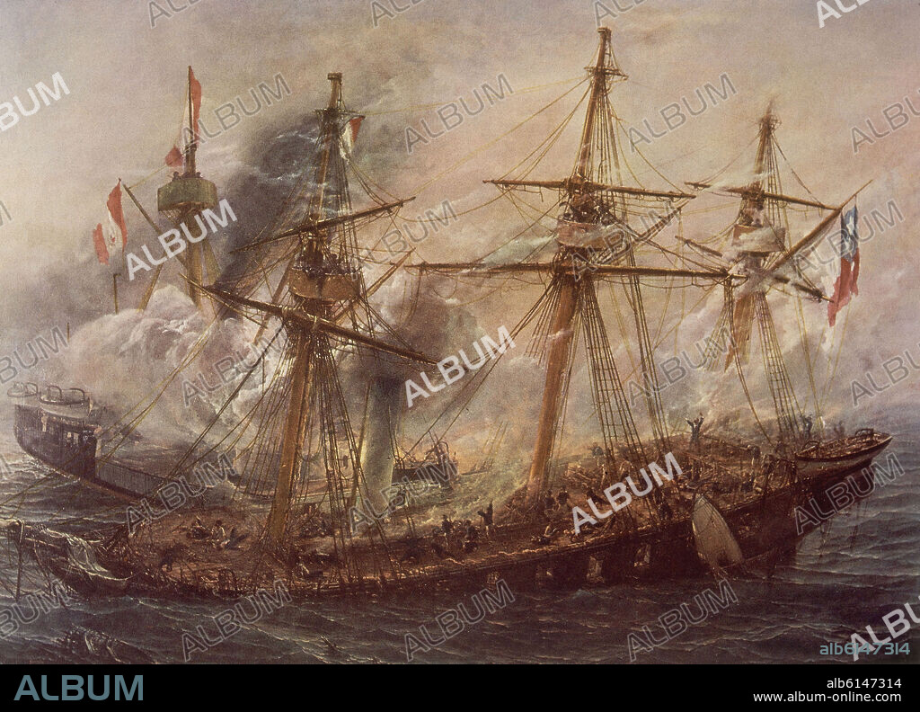 THOMAS SOMERSCALES. COMBATE NAVAL DE IQUIQUE EL 21 DE MAYO DE 1879 - GUERRA DEL PACIFICO - HUNDIMIENTO DE LA ESMERALDA HUNDIDO, EMBESTIDO POR EL HUESCAR - SIGLO XIX.
