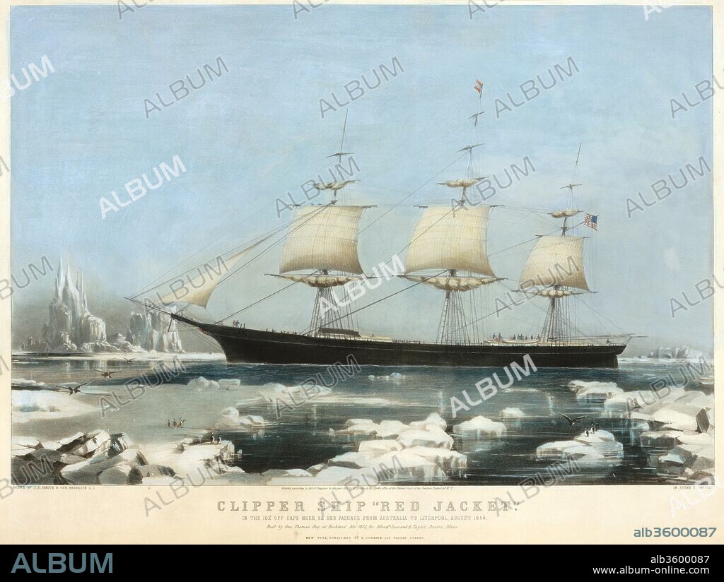 Clipper Ship "Red Jacket" - In the Ice off Cape Horn, on Her Passage from Australia, to Liverpool, August 1854. Artist: Charles Parsons (American (born England), Hampshire 1821-1910 New York); After Joseph B. Smith (American, New York, 1798-1876). Dimensions: Image: 16 1/8 × 23 11/16 in. (41 × 60.1 cm)
Sheet: 21 1/4 × 27 9/16 in. (54 × 70 cm). Publisher: Lithographed and published by Nathaniel Currier (American, Roxbury, Massachusetts 1813-1888 New York). Date: 1855.
"Red Jacket" ranks among the largest and fastest American clipper ships ever built. Designed with a 255-foot deck by Boston-based Samuel Hartt Pook for the owners Seacombe and Taylor, it was built by George Thomas in Rockland, Maine, who launched it in November 1853. The name "Red Jacket" refers to Sa Go Ye Wat Ha, ("he who keeps them awake"), the great Seneca orator and leader who had aided the British during the American Revolution, earning him his British red uniform and nickname. After the Revolution, Sagoyewatha championed peace, became a defender of native American culture and a spokesman for the Iroquois confederacy in 1792, when he led  Iroquois chiefs to Philadelphia, where they agreed to mediate in frontier war. During the War of 1812, Sagoyewatha fought with the Americans against the British. 
In January 1854, "Red Jacket" made her first voyage from New York across the north Atlantic to Liverpool, England, where a new British owner outfitted her for Australian immigrant and cargo transport. In May 1854, the White Star Line chartered the ship to sail to Melbourne, Australia, where it arrived after sixty-nine days with approximately 450 passengers (16 of them traveling in first class cabins) -- the second fastest record at that time. In 1855, Nathaniel Currier published this print depicting the "Red Jacket" in the midst of its return journey, when it was trapped for four days in an ice field off Cape Horn. The route involved sailing round Cape Horn at the tip of South America, where, at certain times of the year, fierce winds, large waves and icebergs and ice floes floating from Antartica made the seas between the South Pacific and South Atlantic treacherous to navigate. Despite this delay, the ship reached Liverpool in seventy-three days with all its passengers and a valuable gold cargo -- reportedly about 45,000 ounces. This clipper's speed became a selling point to future passengers; "Red Jacket" continued to transport passengers and cargo back and forth between England and Australia until the early 1860s.