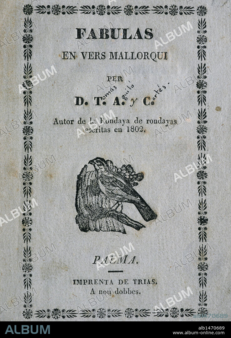 Catalan literature. XIX. Aguilo Tomas Cortes (1812-1882). Poet, novelist and pianist Majorcan Spanish. "Fables" Book Cover.
