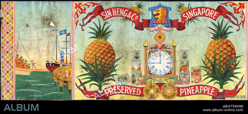 Etiquette d'un jus d'ananas provenant de Singapour, vers 1920. Illustration anonyme. Credit : Collection IM/KHARBINE-TAPABOR.