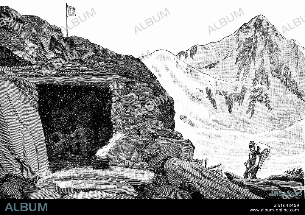 (Jean) Louis (Rodolphe) Agassiz (1807-1873) Swiss-born American naturalist and glaciologist. 'Hotel de Neuchatelois', shelter Agassiz built around huge boulder on the Aar glacier, Switzerland, during his 1840 expedition. From Elizabeth Cary Agassiz "Louis.