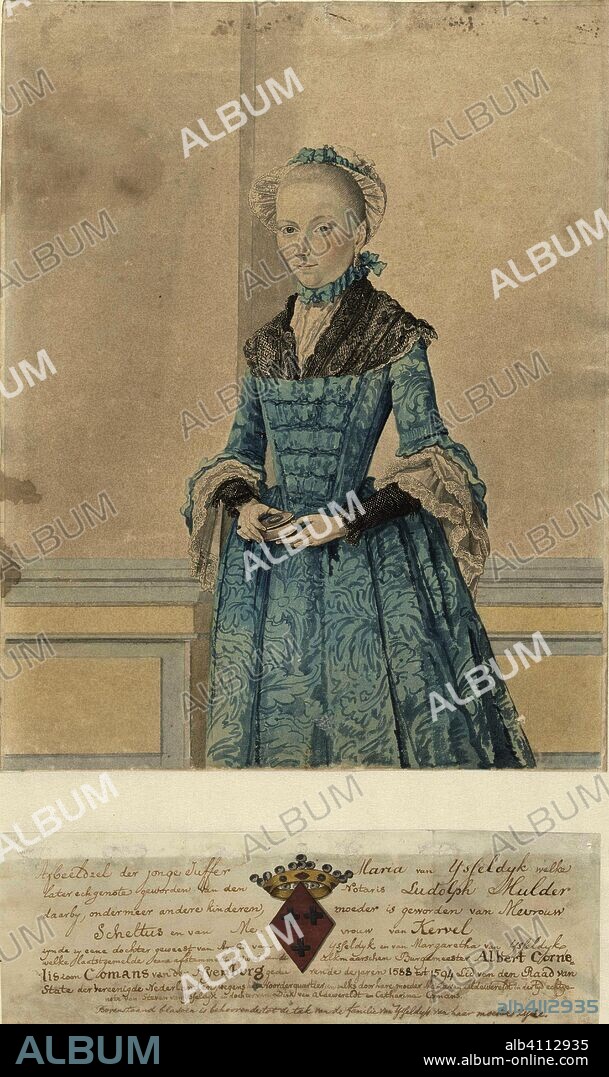 Portrait of Maria van IJsseldijk, standing knee piece. Draughtsman: Isaac Lodewijk la Fargue van Nieuwland. Dating: 1736 - 1805. Measurements: h 332 mm × w 263 mm; h 445 mm × w 263 mm.