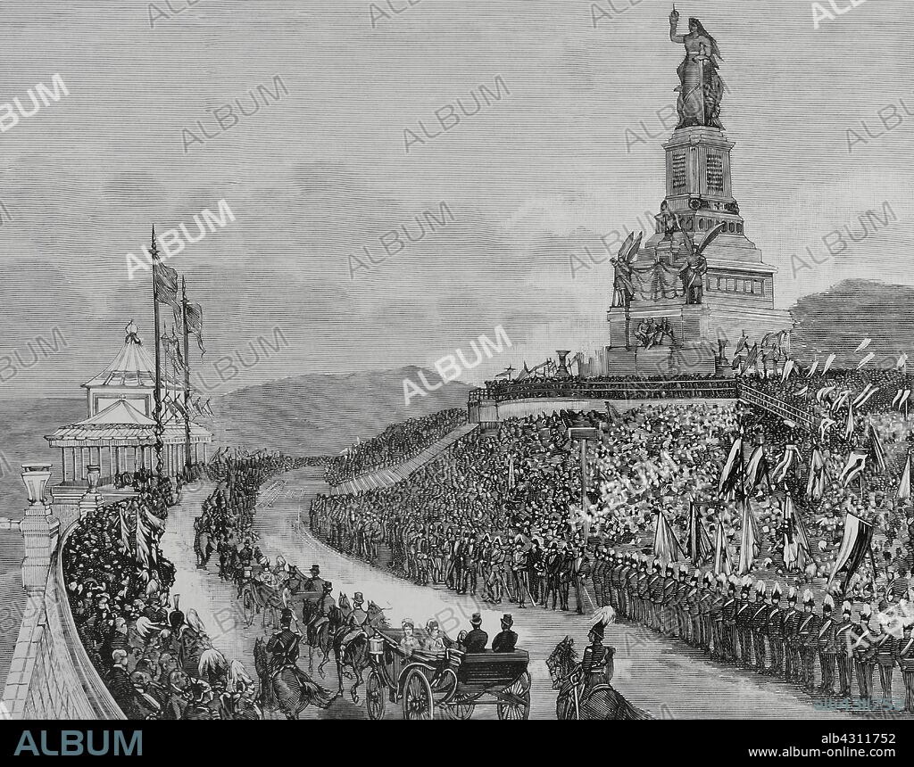 Alemania. Rudesheim. Inauguración del Monumento Nacional "Niederwalddenkmal" (Germania). Construido por el escultor Juan Schilling y el arquitecto Karl Weisback para conmemorar la fundación del Imperio Alemán. Llegada del emperador Guillermo I de Alemania y Prusia (1797-1888) y su comitiva al pabellón imperial, para presenciar el acto de inauguración, el 28 de septiembre de 1883. Grabado por Bernardo Rico (1825-1894). La Ilustración Española y Americana, 15 de octubre de 1883.