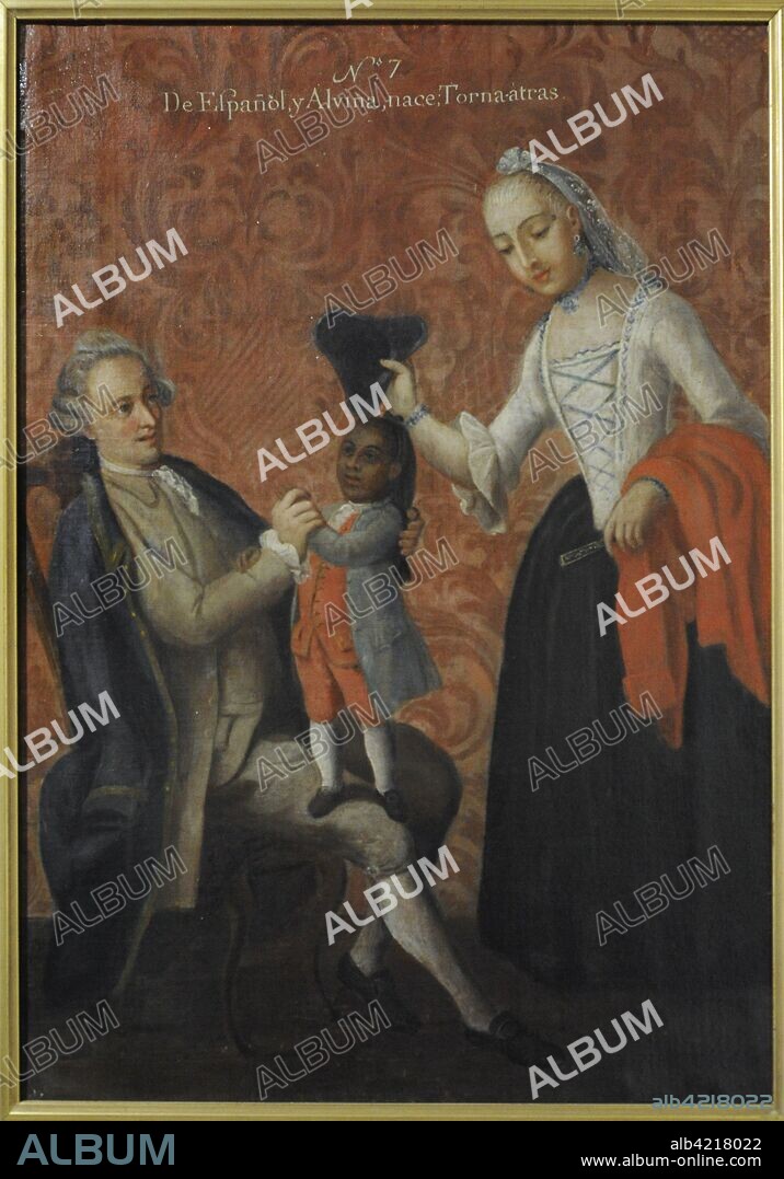 Título: Castas; De español y albina, nace torna atras. Autor: Andrés de Islas (siglo XVIII). Pintura sobre lienzo. Grado de mestizaje entre indígenas, europeos y africanos. Género" Pintura de Castas". Virreinato de la Nueva España. Escuela Mexicana. México. 1774. Museo de América. Madrid. España.