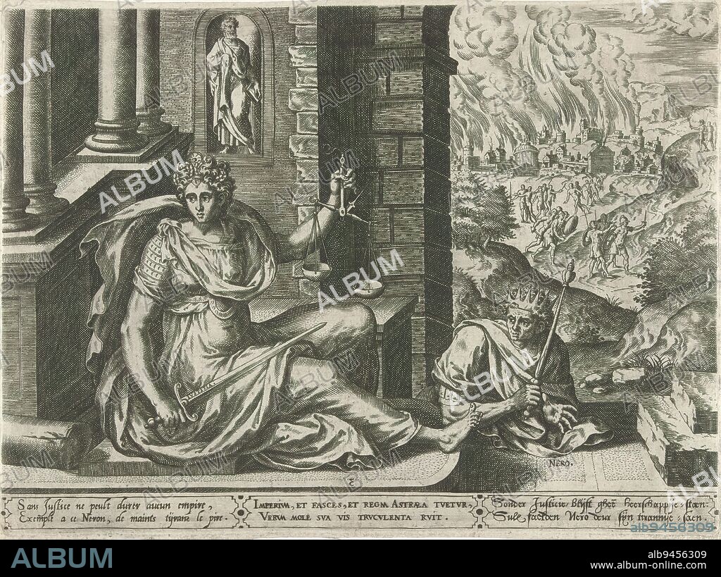 Nero and justice (Justice), The seven chief virtues and their human counterparts (series title), Allegory of justice and tyranny. In the foreground, left on a platform, Justice (Justitia) sits with sword and balance. On the right, Emperor Nero with crown and scepter. In the background, the fire of the city of Rome. The print has a Latin, French and Dutch caption and is part of a series on the seven virtues., print maker: Hans Collaert (I), (mentioned on object), after design by: Crispijn van den Broeck, (attributed to), publisher: Adriaen Huybrechts (I), (mentioned on object), Antwerp, 1576, paper, engraving, height 185 mm × width 255 mm.