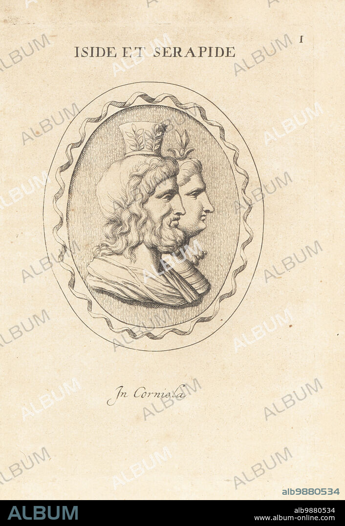 Isis and Serapis. Serapis, Greaco-Egyptian sun deity wearing a modius or calato, a cylindrical crown decorated with vine leaves and rushes. Isis, Egyptian earth goddess, with peach leaves on her head. In cornelian. Iside et Serapide. In corniola. Copperplate engraving by Giovanni Battista Galestruzzi after Leonardo Agostini from Gemmae et Sculpturae Antiquae Depicti ab Leonardo Augustino Senesi, Abraham Blooteling, Amsterdam, 1685.