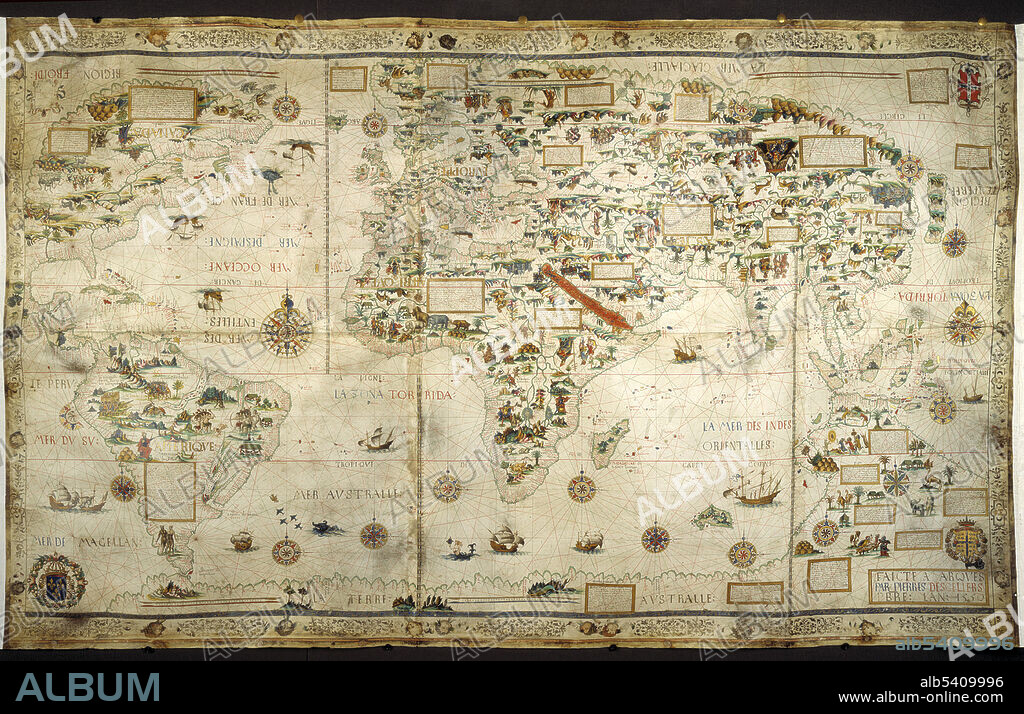 The 1550 world map, with illuminated borders, made for Henry II, showing his arms as well as those of Anne de Montmorency (Marshal of France) and Admiral Claude d'Annebaut. Pierre Desceliers (1500 - 1558) was a French cartographer of the Renaissance and an eminent member of the Dieppe School of Cartography. He is considered the father of French hydrography. Nothing is known of his life after the creation of the 1553 map.