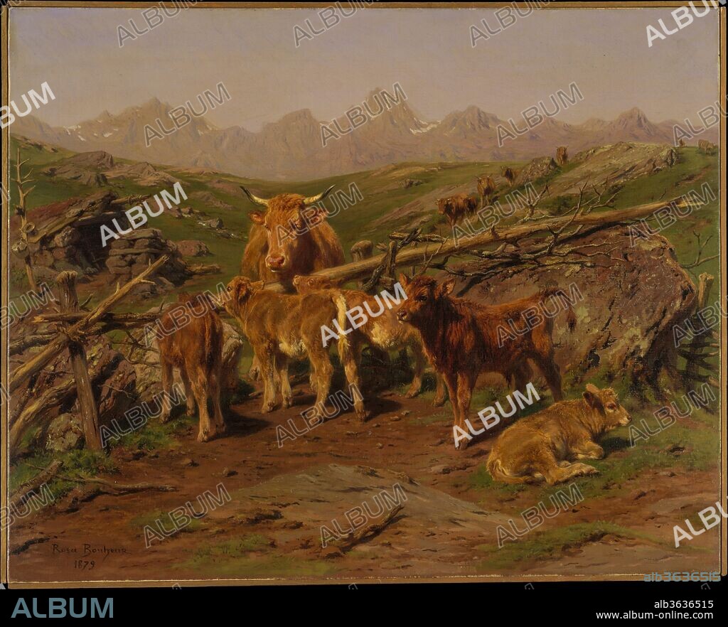 Weaning the Calves. Artist: Rosa Bonheur (French, Bordeaux 1822-1899 Thomery). Dimensions: 25 5/8 x 32 in. (65.1 x 81.3 cm). Date: 1879.
The scene is probably located on one of the high pasturelands of the Pyrenees. Rosa Bonheur took a trip there in 1850 and brought back many studies that she used throughout her career.