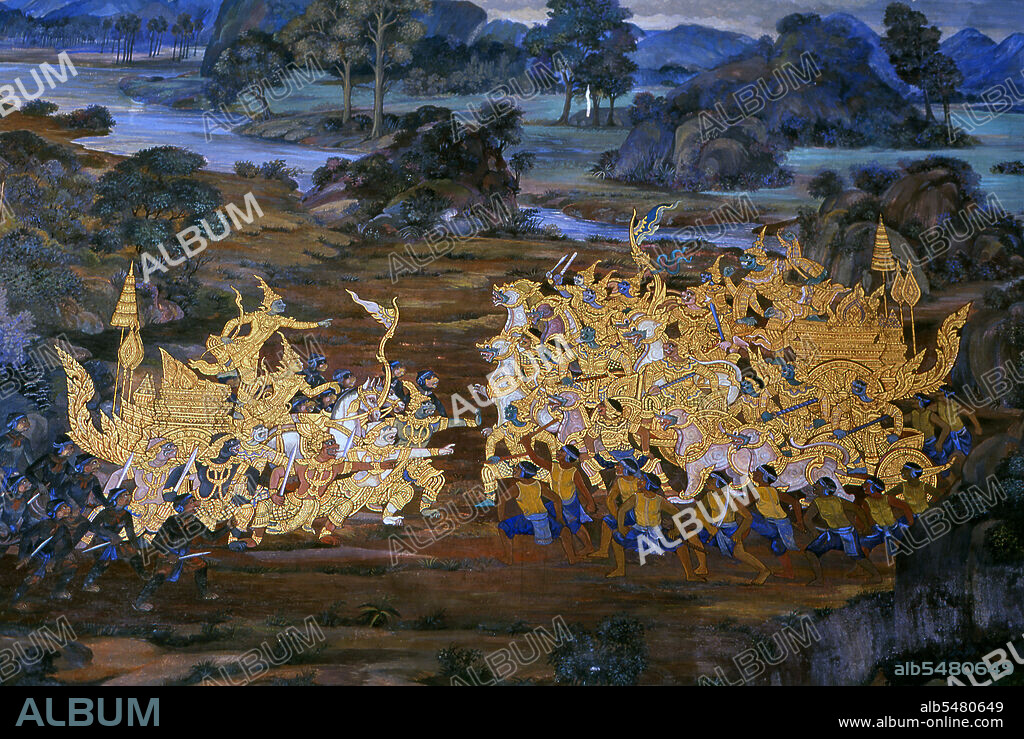 The Ramayana is a story as old as time and - at least in the Indian subcontinent and across much of Southeast Asia - of unparalleled popularity. More than two thousand three hundred years ago the scholar-poet Valmiki sat down to write his definitive epic of love and war. The poem Valmiki composed is styled the Ramayana, or 'Romance of Rama' in Sanskrit. In its present form, the Sanskrit version consists of some 24,000 couplets divided into seven books. The Ramakien is the Thai version of this epic and has an important influence on Thai literature, art and drama. It is regarded as the National Epic of Thailand. Wat Phra Kaew (Temple of the Emerald Buddha); full official name Wat Phra Si Rattana Satsadaram is regarded as the most sacred Buddhist temple in Thailand. It is located within the precincts of the Grand Palace. The Grand Palace served as the official residence of the Kings of Thailand from the 18th century onwards. Construction of the Palace began in 1782, during the reign of King Rama I, when he moved the capital across the river from Thonburi to Bangkok.