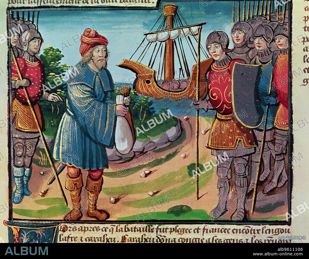 Warriors of Charlemagne embarking to fight the Saracens, miniature in the incunable 'Ogier le Danois', printed by A. Verard, Paris, 1499.
