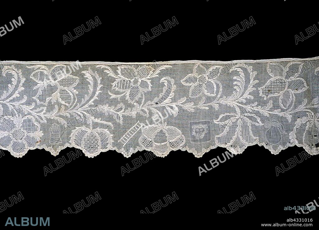 Border (Altar Cloth), 18th century, Germany, Cotton, plain weave, embroidered with linen yarns, cut and drawn work embroidered in back, buttonhole, Greek cross filling, interlocking lace, and punch stitches, overcast bars and loop picots, pulled threadwork embroidered in buttonhole, cross, crossed back, four-sided, Greek cross filling, interlocking lace, marking cross, overcast, punch, satin, single faggot, and wave filling stitches, embroidered in buttonhole, chain, running, and satin stiches, 24.7 x 136.1 cm (9 3/4 x 53 5/8 in.).