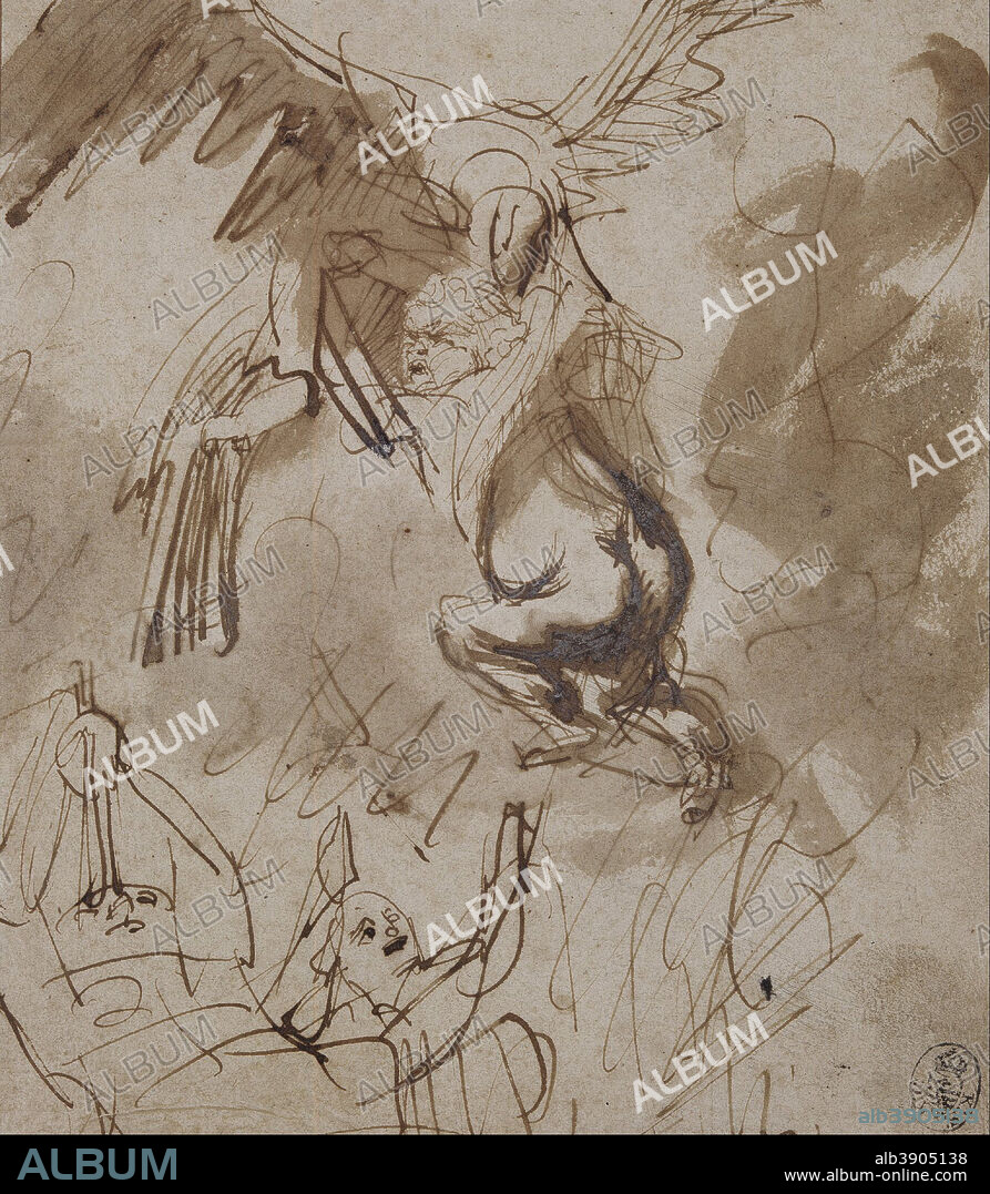 HARMENSZOON VAN RIJN REMBRANDT. The Abduction of Ganymede. Date/Period: 1635. Graphics. Pen and brown ink, brown wash on paper. Height: 18.5 cm (7.2 in); Width: 16.1 cm (6.3 in).