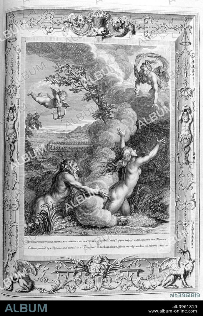 Arethusa pursued by Alpheus and turned into a fountain, 1733. A plate from Le Temple des Muses, Amsterdam, 1733. Found in the collection of Jean Claude Carriere.