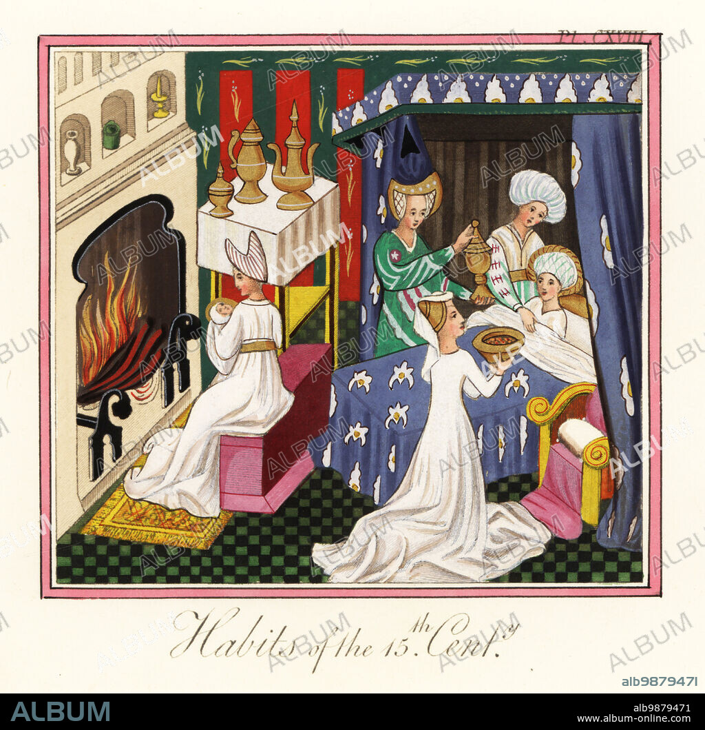 The birth of St. Edmund, King of East Anglia, died 869. Ladies in waiting and midwives attend the mother in bed with soup and aromatics, while a nursemaid holds the baby near the fireplace. Habits of the 15th century. The women wear large high hats and long robes. From John Lydgates Lives of Saints Edmund and Fremund, 1434-9, Harley MS 2278. Handcoloured engraving by Joseph Strutt from his Complete View of the Dress and Habits of the People of England, Henry Bohn, London, 1842.