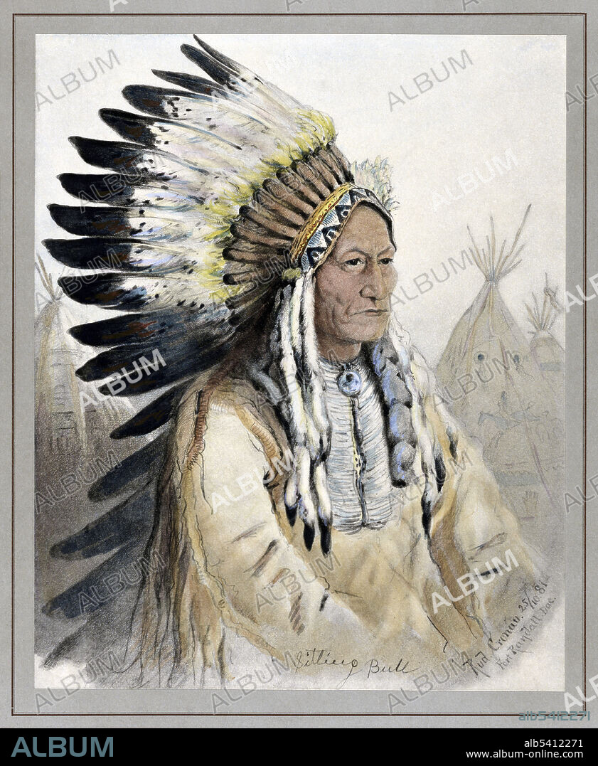 Sitting Bull (1831 - December 15, 1890) was a Hunkpapa Lakota holy man. In 1876, after their victory over Custer, Sitting Bull and his group left the US for the North-West Territories. In 1881, he and most of his band returned to US territory and surrendered. After working as a performer with Buffalo Bill's Wild West show, he returned to the Standing Rock Agency in South Dakota. Because of fears that he would use his influence to support the Ghost Dance movement, Indian Service agent James McLaughlin ordered his arrest. Sitting Bull was shot and killed. Rommler & Jonas Lithography Company, 1885 (cropped).