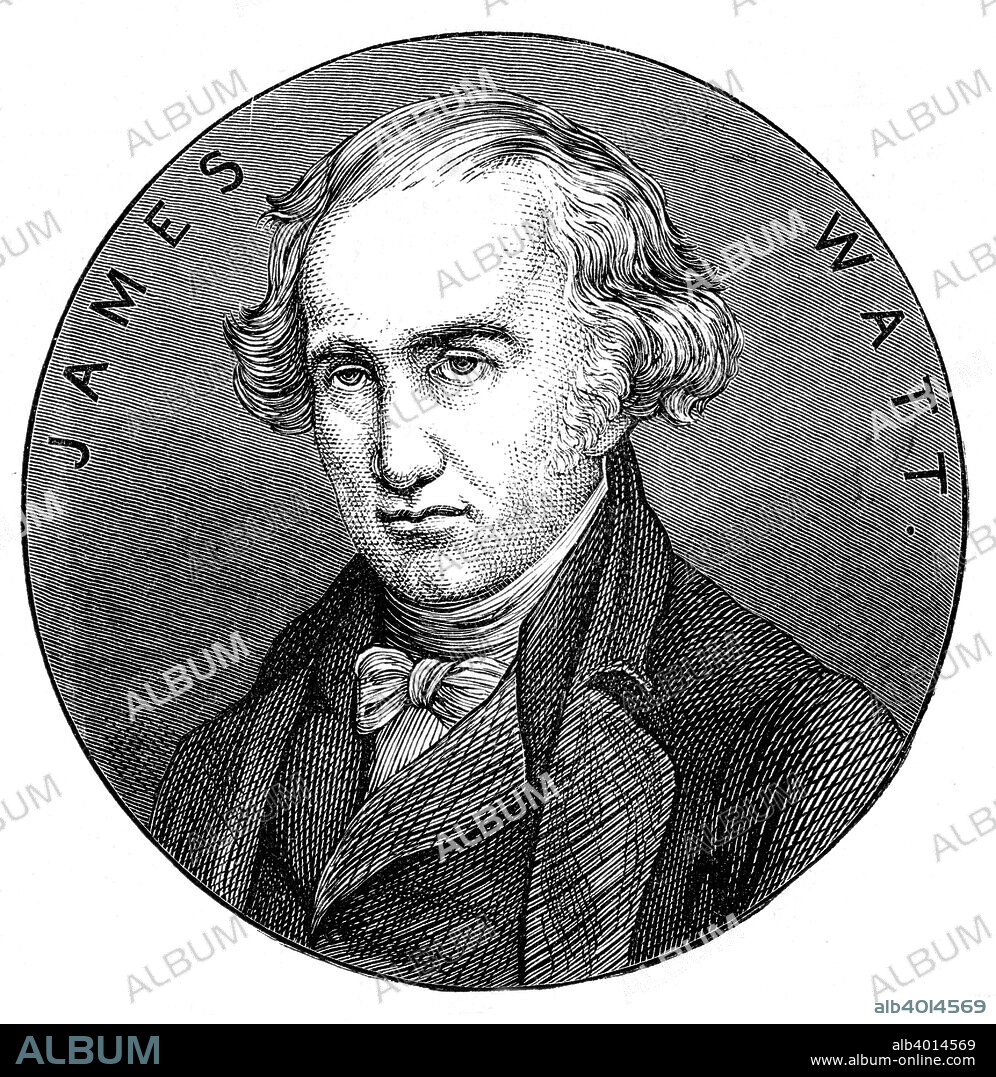 James Watt, Scottish engineer and inventor, 1876. Watt (1736-1819) was born at Greenock on the Clyde, Scotland, and showed an interest in engineering and invention from an early age. He made great improvements to the steam engine, one of the most significant being the separate condenser, which saved fuel and time. In 1774 Watt went into partnership with Matthew Boulton (1728-1809) the Birmingham manufacturer and entrepreneur, building steam engines to power mills, factories and mines. From Discoveries and Inventions of the Nineteenth Century by Robert Routledge. (London, 1876).