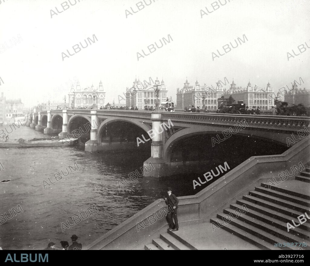 Westminster Bridge and St Thomas's Hospital, London, 1887. Designed by Thomas Page, Westminster Bridge was completed in 1862. St Thomas's Hospital was originally founded in 1109. It relocated from Southwark to the South Bank in the 1860s and these buildings were designed by Henry Currey and opened by Queen Victoria in 1871. The hospital incorporated 'Nightingale Wards', allowing maximum ventilation and the dispersal of foul air, as recommended by Florence Nightingale, who worked at St Thomas's and established a nursing training school there.