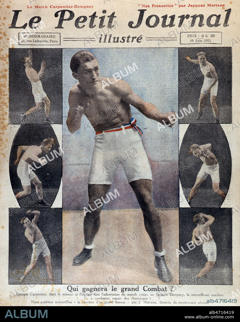 'Qui gagnera le grand combat ?' : le boxeur Georges CARPENTIER (1894-1975). Illustration tiree du Petit Journal en 1921. Credit : Collection KHARBINE-TAPABOR.