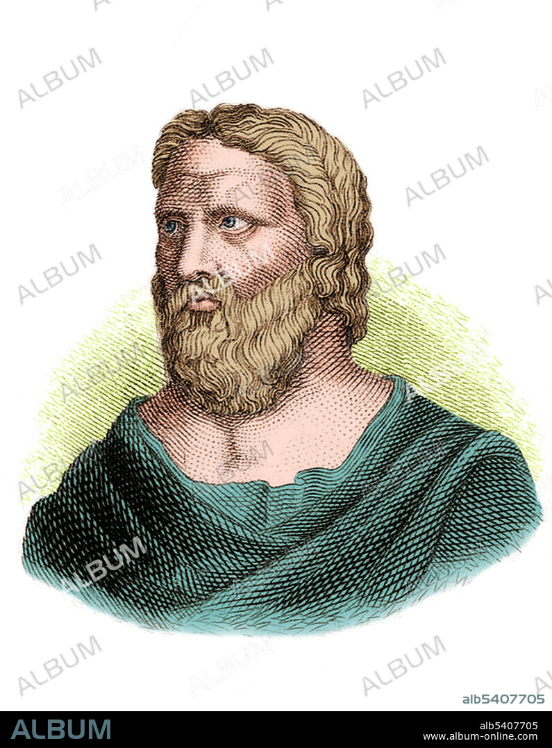 Heraclitus of Ephesus (535 - 475 BC) was a pre-Socratic Greek philosopher remembered for  the famous saying, "No man ever steps in the same river twice".  Engraving by J.W. Cook, 1825.
