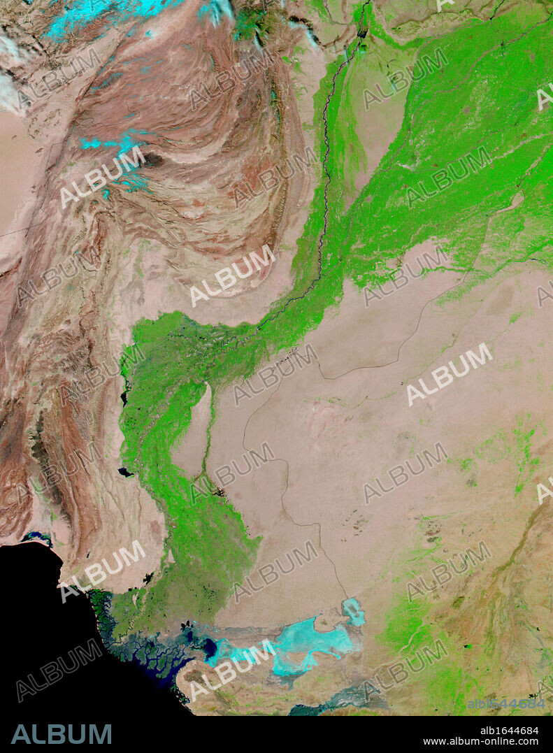 false-colour images feature the Indus River Valley, a lush oasis of vegetation made possible by the Indus River, which is visible as a thin black thread heading toward the Arabian Sea in the false-colour image.