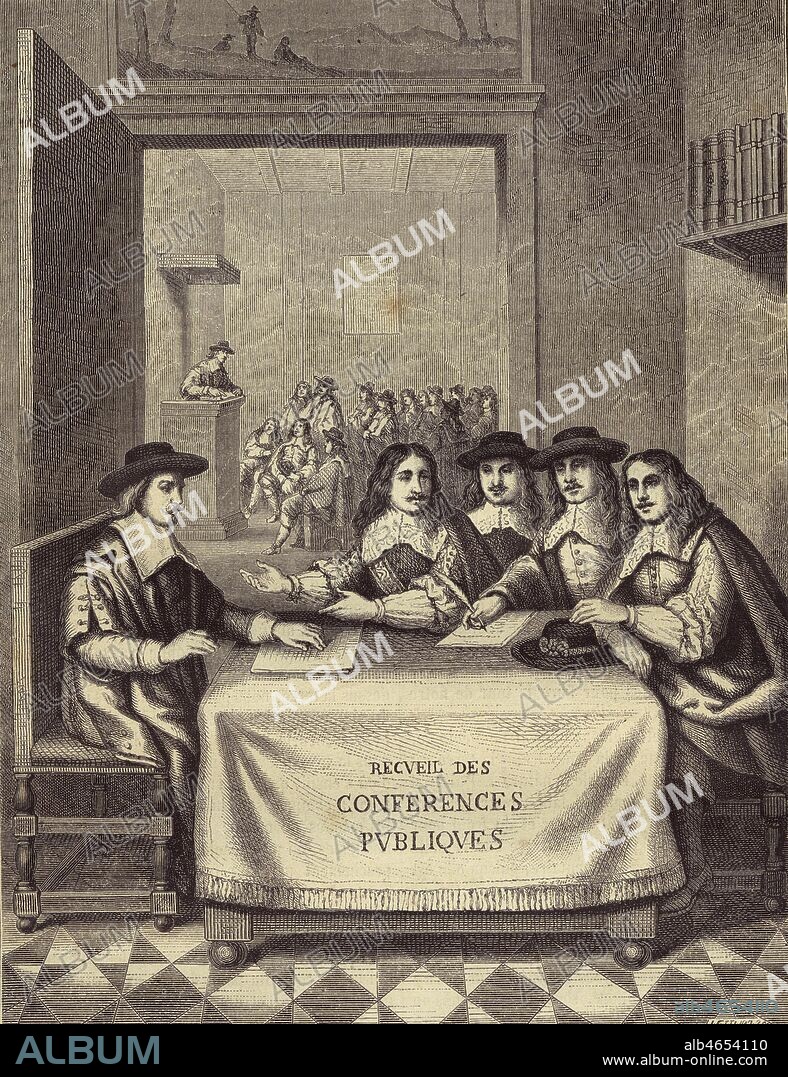 Conference du 17eme siecle en frontispice d'un livre de Theophraste RENAUDOT sur les conferences publiques qu'il organisait pour debattre des questions a l'ordre du jour. Credit: Collection Kharbine-Tapabor.
