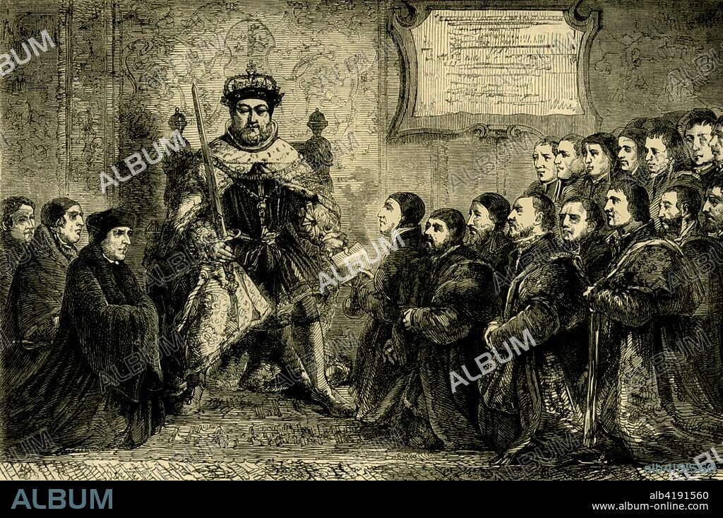 'The Barber-Surgeons Picture', (c1872). Engraving after 'Henry VIII Presenting a Charter to the Barber Surgeons Company', painting by Holbein. The king presenting a charter to Thomas Vicary, the first Master of the Company of Barbers and Surgeons, in 1540. The painting, which hung in the Barber Surgeons' Hall in the City of London, was said by Samuel Pepys to have been badly damaged in teh Great Fire of 1666. From Old and New London, Vol. II: A Narrative of Its History, Its People, and Its Places, by Walter Thornbury. [Cassell, Petter, Galpin & Co., London, Paris & New York].