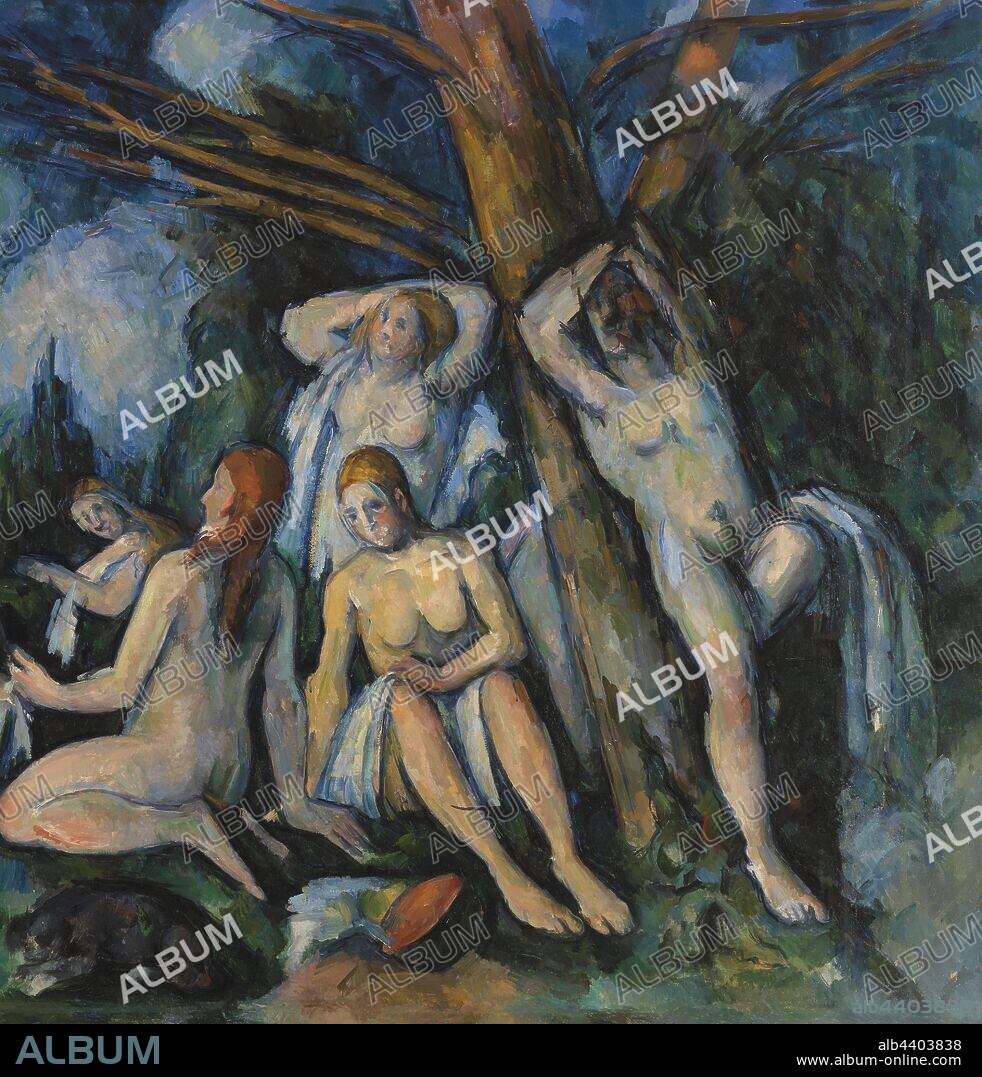 Paul Cézanne: The Large Bathers (Les Grandes baigneuses), Paul Cézanne, 1895–1906, Oil on canvas, Note: This work has been temporarily removed from display for technical study and conservation treatment. Funding for its conservation was generously provided through a grant from the Bank of America Art Conservation Project. This is one of three monumental bathing scenes that Cézanne produced at the very end of his career. Thick with paint, the canvas seems to have occupied him, on and off, for about ten years, between 1895 and 1906. The theme of bathers in a landscape originated in the Renaissance and traditionally showed idealized female bodies in total harmony with nature. Here, Cézanne disturbs this easy relationship. Space is hard to read, and the landscape—note the dead tree branches and ominous clouds—seems harsh and threatening. As for the figures, many of the poses are derived from classical statuary, but Cézanne overturns tradition as soon as he references it: bodies are deliberately distorted, with obliterated faces, truncated limbs and uneven flesh. Look especially at the standing figure at left. She once had a head, but Cézanne painted it out., Overall: 52 1/8 x 86 1/4 in. (132.4 x 219.1 cm).