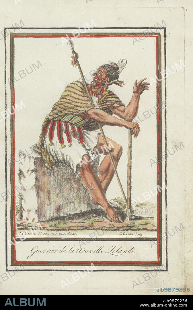 Maori warrior of New Zealand. With hair comb or heru, black and red facial tattoos or ta moko, short cloak, woven skirt, armed with spear and patou-patou ax. Guerrier de la Nouvelle Zeelande. Handcoloured copperplate engraving by J. Laroque after a design by Jacques Grasset de Saint-Sauveur from his Encyclopedie des voyages, Encyclopedia of Voyages, Bordeaux, France, 1792.