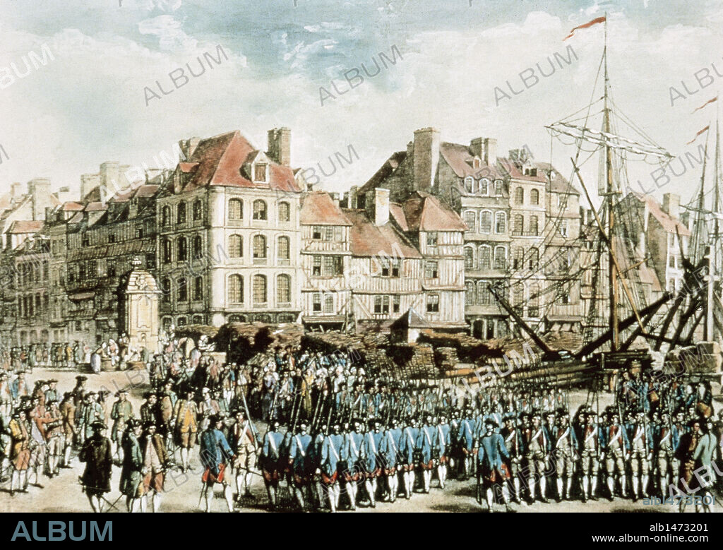 SOCIEDAD-ECONOMIA s. XVIII. "EMBARQUE DE MERCENARIOS DE HESSE A AMERICA EN EL AÑO 1776". Grabado en cobre de la época.