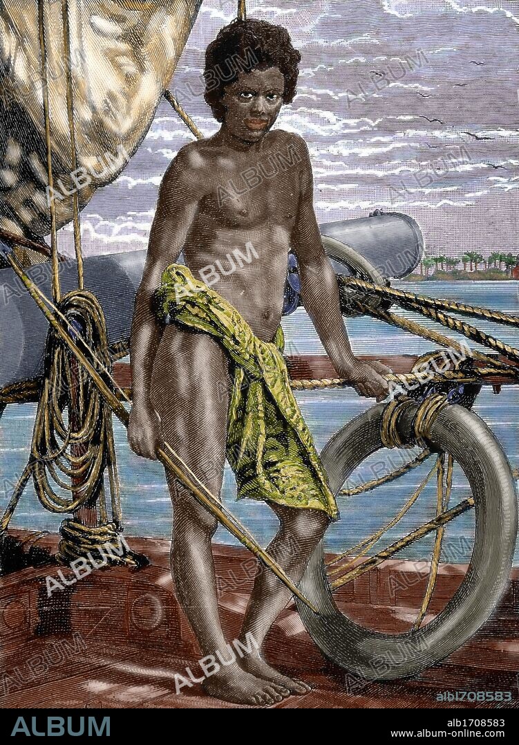 Oceania. Micronesia. Koror native (Palau Island) aboard an European ship. Colored engraving, 1882.